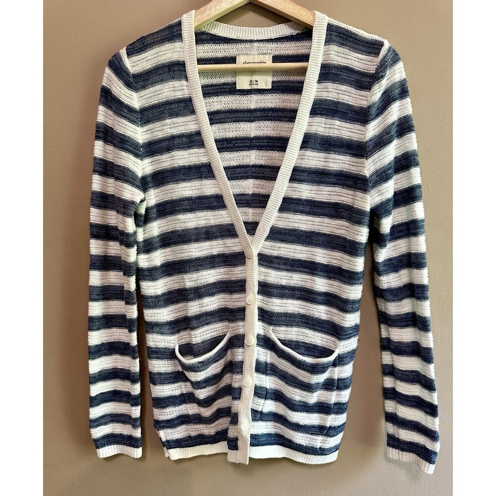 ABERCROMBIE Kids Girls Blue White Striped‎ Button Up Cardigan Cotton Size 13/14